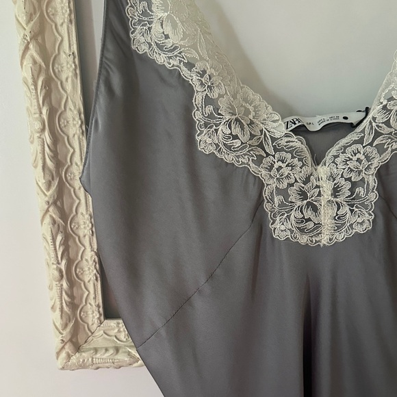 ZARA | ZW Collection Satin Effect Gray Camisole with Cream Lace Top - Picture 4 of 15